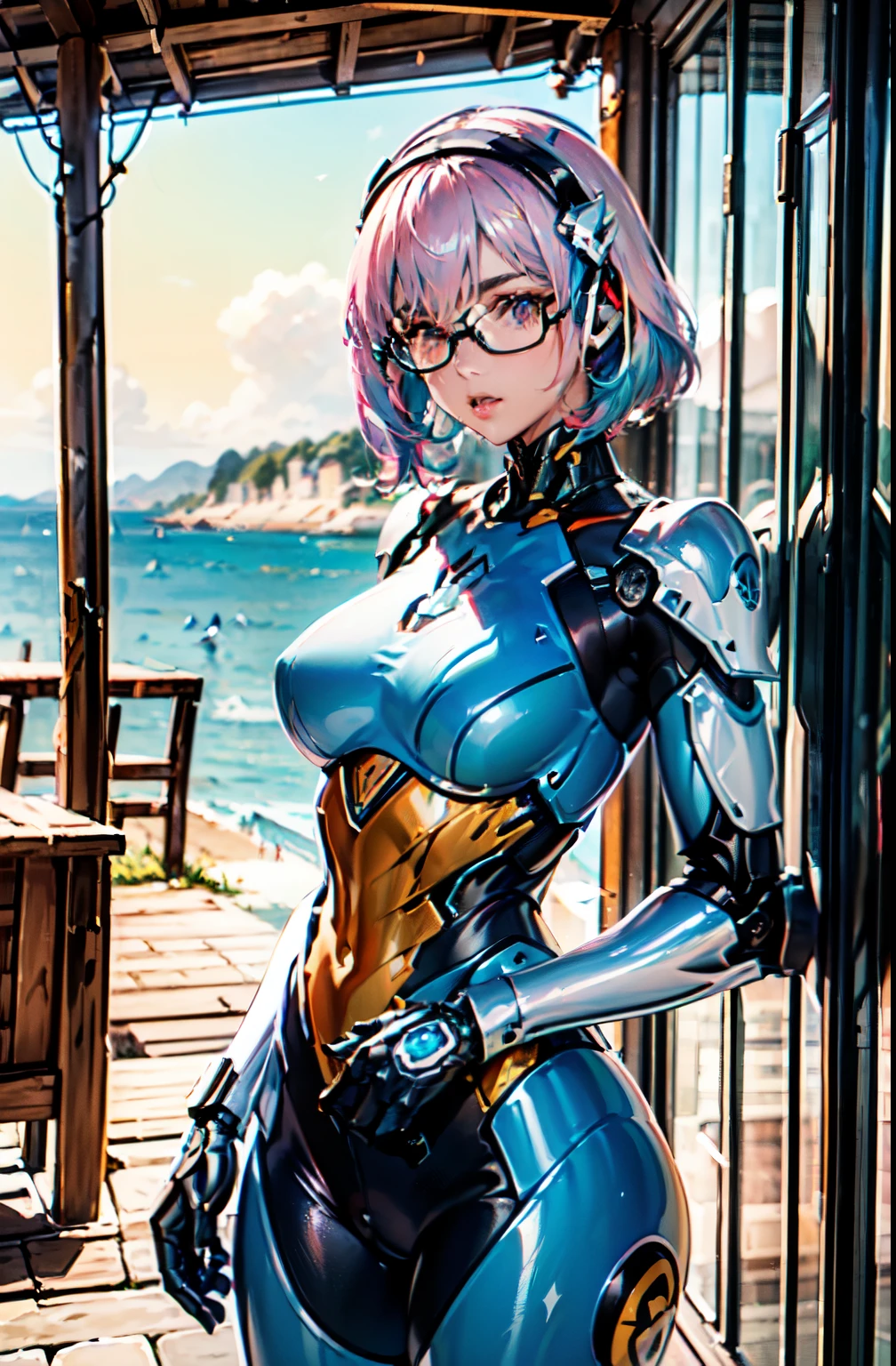 mecha, cowboy shot, (LilyPichuTI:1.9), glasses,, ultra detailed, masterpiece, best quality, aesthetic, detailed, high quality
