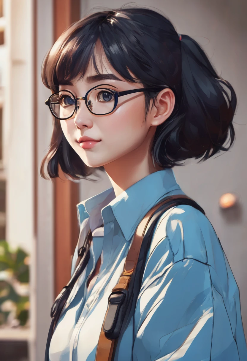 A closeup of a person with glasses and a blue shirt, high-quality character design, cartoon style illustration, cartoon art style, Cartoon art style, realistic art style, urban girl fanart, realistic art style, drawing style, cute cartoon style, personagem de anime styling, anime styling, Digital Character Illustration, cute art style, highly detailed character design, anime styling 3 d realista