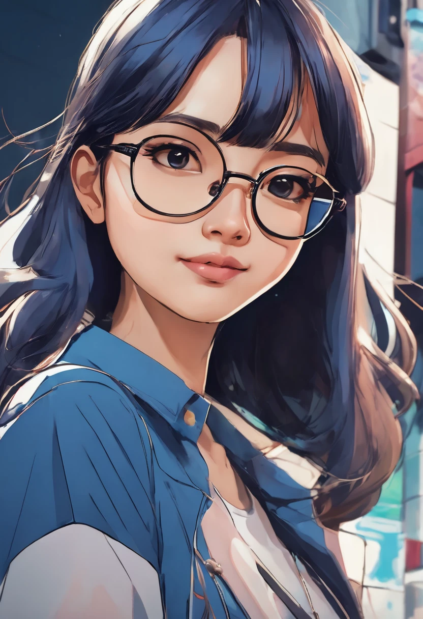 A closeup of a person with glasses and a blue shirt, high-quality character design, cartoon style illustration, cartoon art style, Cartoon art style, realistic art style, urban girl fanart, realistic art style, drawing style, cute cartoon style, personagem de anime styling, anime styling, Digital Character Illustration, cute art style, highly detailed character design, anime styling 3 d realista