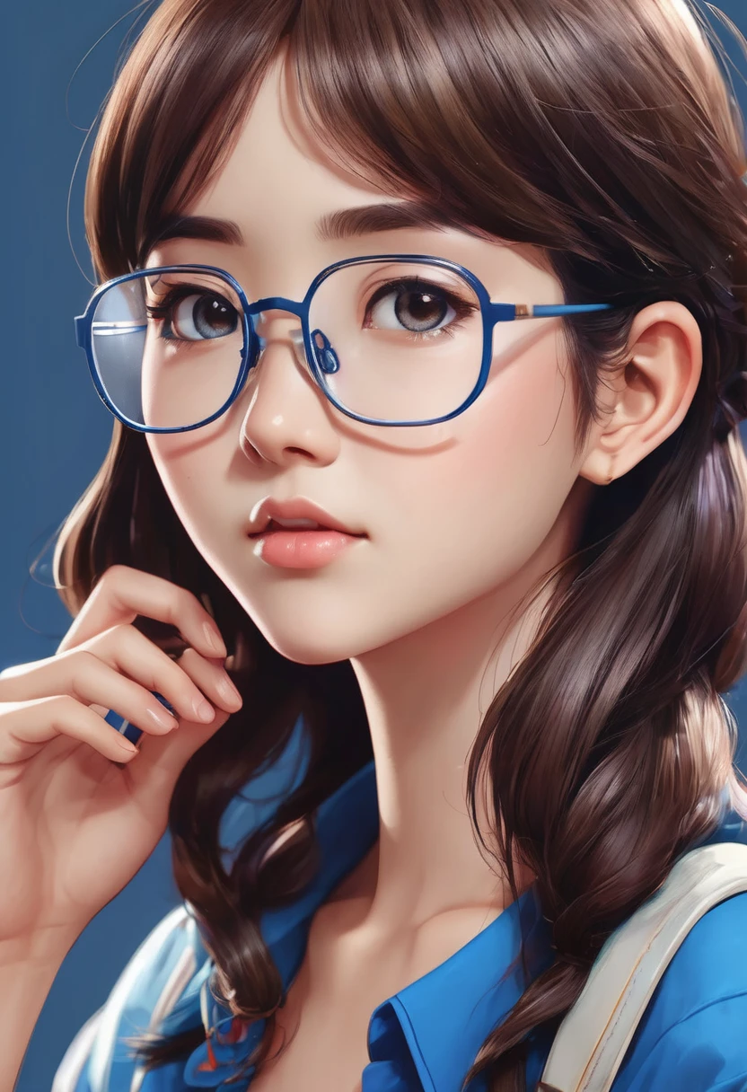 A closeup of a person with glasses and a blue shirt, high-quality character design, cartoon style illustration, cartoon art style, Cartoon art style, realistic art style, urban girl fanart, realistic art style, drawing  style, cute cartoon style, personagem de anime styling, anime styling, Digital Character Illustration, cute art style, highly detailed character design, anime styling 3 d realista