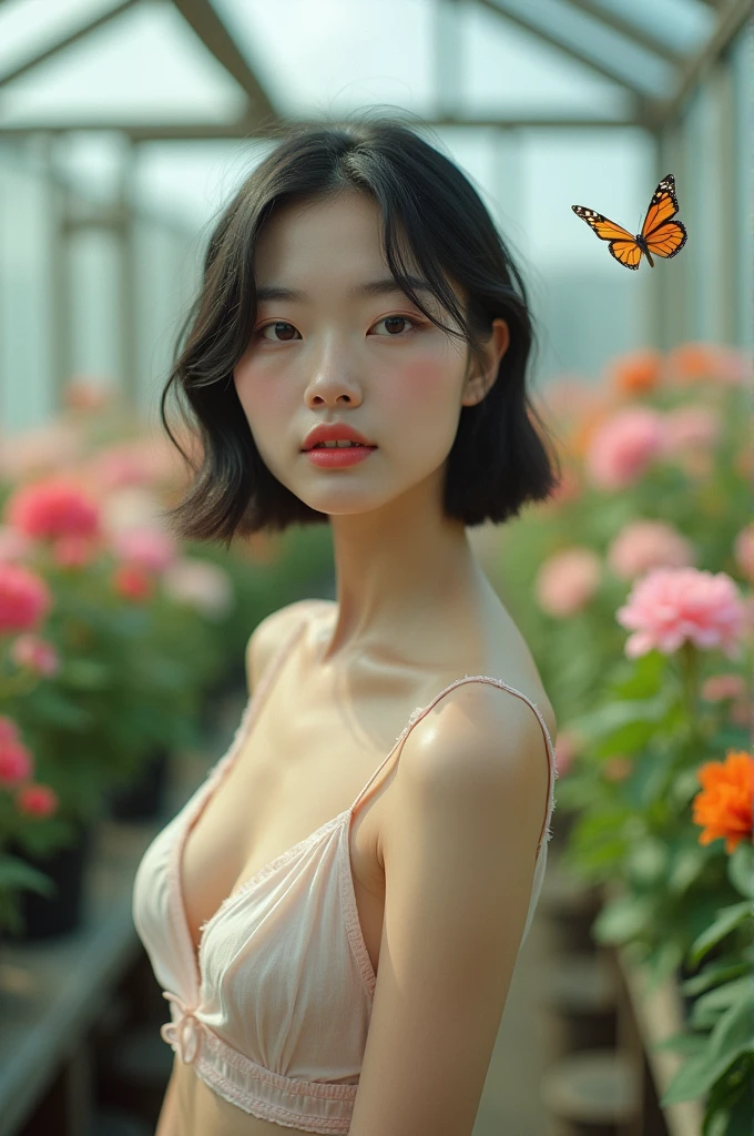 Very delicate and beautiful, wonderful, In detail, masterpiece, Very detailed, High resolution,Best shot, Best Shadow,Complex,Sharp focus, high quality, Japanese female 1 person, alone. Glass greenhouse, Potted flowers, Flowers for sale, Woman looking at flowers, Flowers are blooming everywhere, Lens flare,Sleeveless,Beautiful breasts,butterfly,Cool eyes,Glossy lips,smile,Glossy skin,Transparent skin