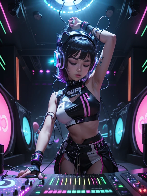 DJ girl, DJ controller, sexy, mirror ball, sexy girl, com, neon, super bright music lights. There is a TV screen behind her, (best quality)), ((super detailed)), ((masterpiece)), photo,(DJ with headphones and microphone:1.4), performing at a vibrant (music festival:1.2) with (energetic crowd:1.1) and (colorful stage lights:1.1),(Master Parts:1.3),(highest quality:1.2),8k,Absurd,8K Wallpaper Unit,(Very detailed:1.3),Highest Resolution, (One girl:1.2),(Headphones on head:1.1),(Neon Light:1.1), Hat maker, Dynamic pose,(Floating hair:1.2),short hair,,(Passionate:1.2),(DJ:0.9),(psychedelic:1.2),Dynamic pose, electric wire,1. Place your hands on your head,(light:1.2), Eyes closed, Diaphragm, Obfuscating,(music:1.2),cable,神のlight,(internal:1.2),Horizontally,(musical instrument:0.7),Desperate,Passionate,Energetic,intense,Numb,exciting,dynamic,exciting,Explosives,agree,crowd,light,Neon Light.