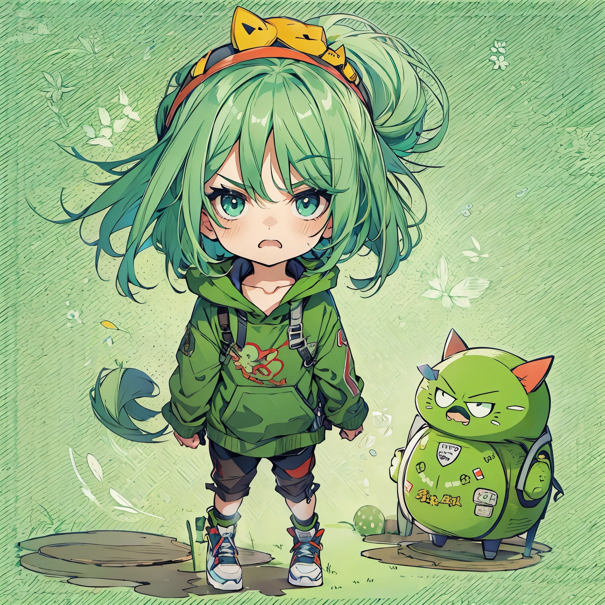 A  with green hair and green clothes who is angry but not scary at all。Make it cute and warm.。