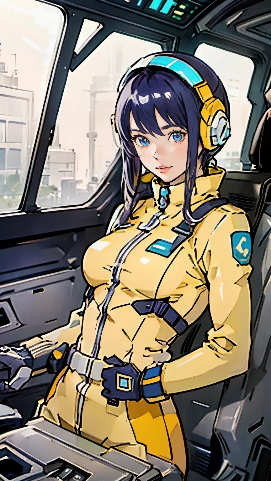 Mundo Cockpit、Upper Body、Yellow pilot suit、Upper Body、woman、Helmet、Highest quality、Masterpiece