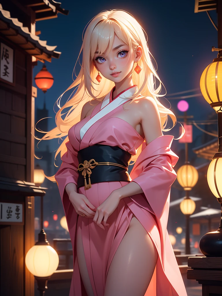 8K, Masterpiece, RAW photo, Best quality, detail:1.2), Photorealistic, Extremely detailed Cg Unity 8K wallpaper, Depth of field, Cinematic light, Lens flare, Ray tracing, (Extremely beautiful face, Beautiful lips, Beautiful eyes), intricate detail face, ((ultra detailed skin)) 1girll, In the dark, deepshadow, Pretty Japan girl, Jpop idol, (Very slim and slender muscular body:1.3), ((view the viewer)), (Big smile), (bodycon Kimono), (Pink Kimono), (Injection sleeve), (City Noon, (neon lights lampion), (Golden Hour), Pretty Japanese girl, Earrings, bangle, Pantyhose, Clear eyes, Standing, (Pale skin), Face forward, (Big eyes), ((upperbody shots)), Kimono Silk, Front shot, Very slim, slander, seamless, (Half Naked)