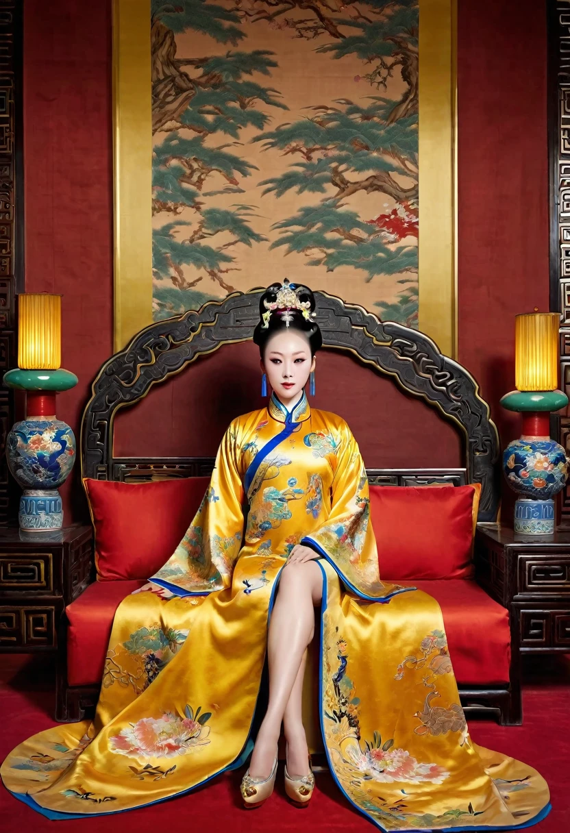 Gorgeous Empress of the Chinese Court during the Qing Dynasty Gorgeous Empress of the Chinese Court on a sofa, nude, large and golden, with her legs on the sofa, wide open, knees bent, in an M pose (pornographic pose), with her hair tied on both sides The background of this perverted and erotic woman wearing a crown and tying her hair is the Chinese court of the Qing Dynasty. The scene is set in the luxurious room of an empress in the Qing Dynasty Chinese court.
Translated with DeepL.com (free version)