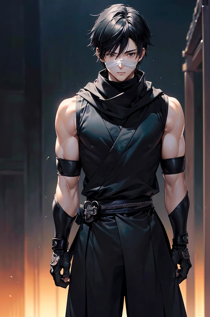 (((masterpiece; best quality: 1.2))), (finely detailed eyes: 1.3), ((1 young man)), ((solo)), (black eyes: 1.4), (body shape; lean, masculine: 1.3), (very short black hair: 1.3), (beautiful and clear background: 1.2), ((depth of field)), (equipment: black shinobi clothing + fully covered + black kimono + black pants + black scarf + black bracers + wolf mask: 1.3), (anime illustration: 1.2), (background composition; old japanese mansion + night: 1.1), (extremely fine and handsome: 1.1), (shot composition; standing + centered on torso + close-up: 1.5), (facial expression; calm, stoic: 1.2)