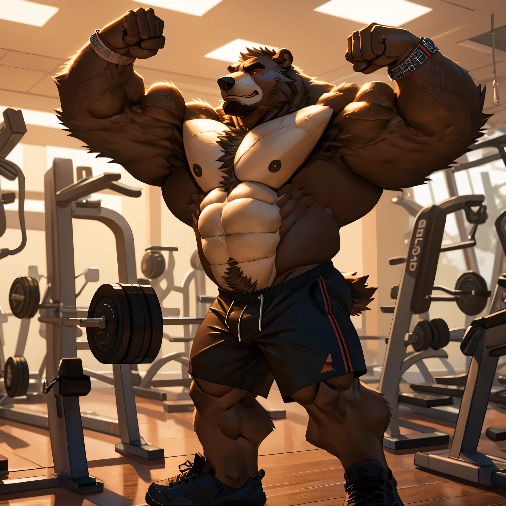 huge muscular kodiak brown bear in big gym fitness center, big grunting, kodiak bear, huge brown fur, thick arm, huge arm, veins all over arms and chests, bald, brown mustache and brown beard, (muscular, pectoral, wide pectoral, thick arms), HEIGHT: 220CM, WEIGHT: 270KG, gym background, realistic, 8k, masterpiece, added cinnamon colored eyebrows, deatiled eyes with red pupils, (wearing black shorts, wristband, watch, black shirtless, topless and black shoes), flexing. Seeing how strong he is. Back arched. Shoulders up, roll forward. Elbows out. Forearms at a 30 degree bend.