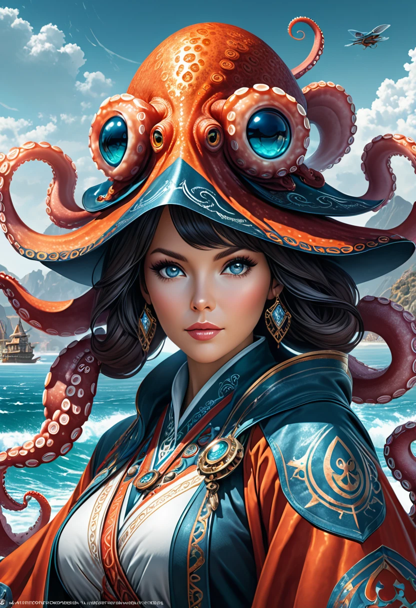 Anthropomorphic female octopus mage. Official Art – Charecter profile. An Award-Winning Digital Masterpiece In 4K Ultra HD, Extreme Detail And Intricate Realism. Symmetrical Face. This Concept Art Brought To Life By The Hands Of Artists Like Wlop & Artgerm In A Stunning 2D Vector Illustration.Background Is A Panoramic Vista.
