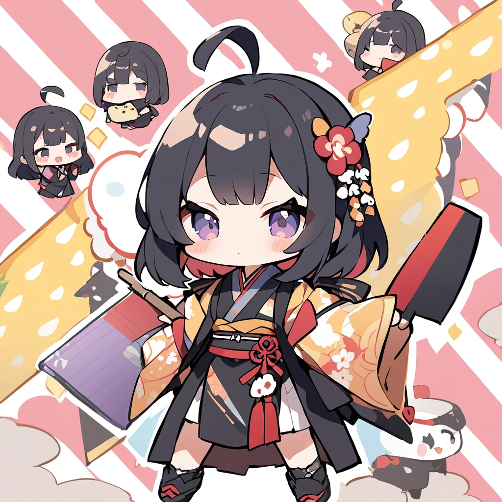 Girl in kimono、Holding a large placard、Chibi Character、Black Hair、Ahoge、