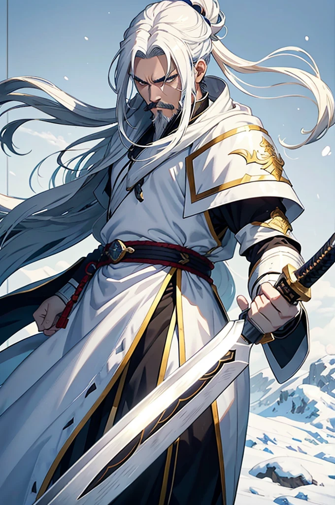 Make a man with hair as white as snow, bearded, Cao Cao, long hair tied up, eyes as yellow as honey. He has an air of seriousness, wears all-white light swordsman armor. Your skin tone is white.