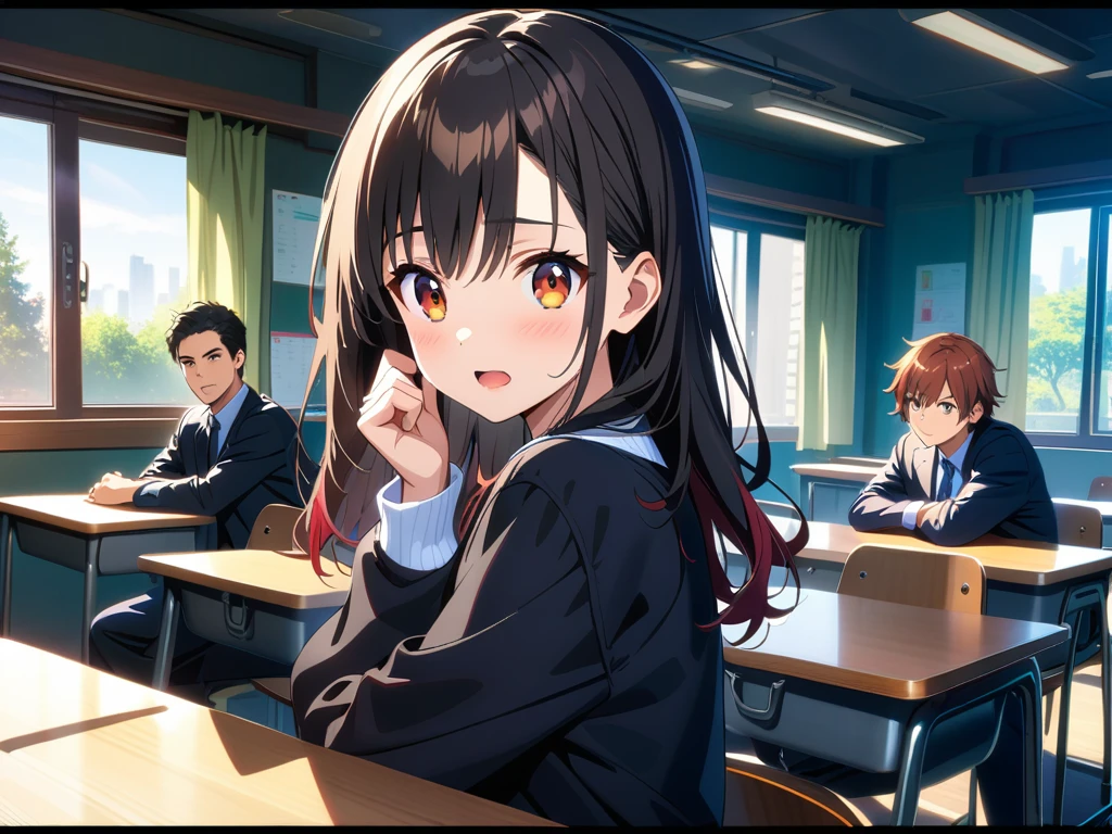 classroom,3 Men,short hair,Black Hair,Brown hair,3 women,Long hair,Black Hair,Red hair,Brown hair,Surprised expression,HD, HDR, Very detailed CG, Beautiful details, depth, Delicate texture, Super Fine,Atmospheric lighting, lens flare