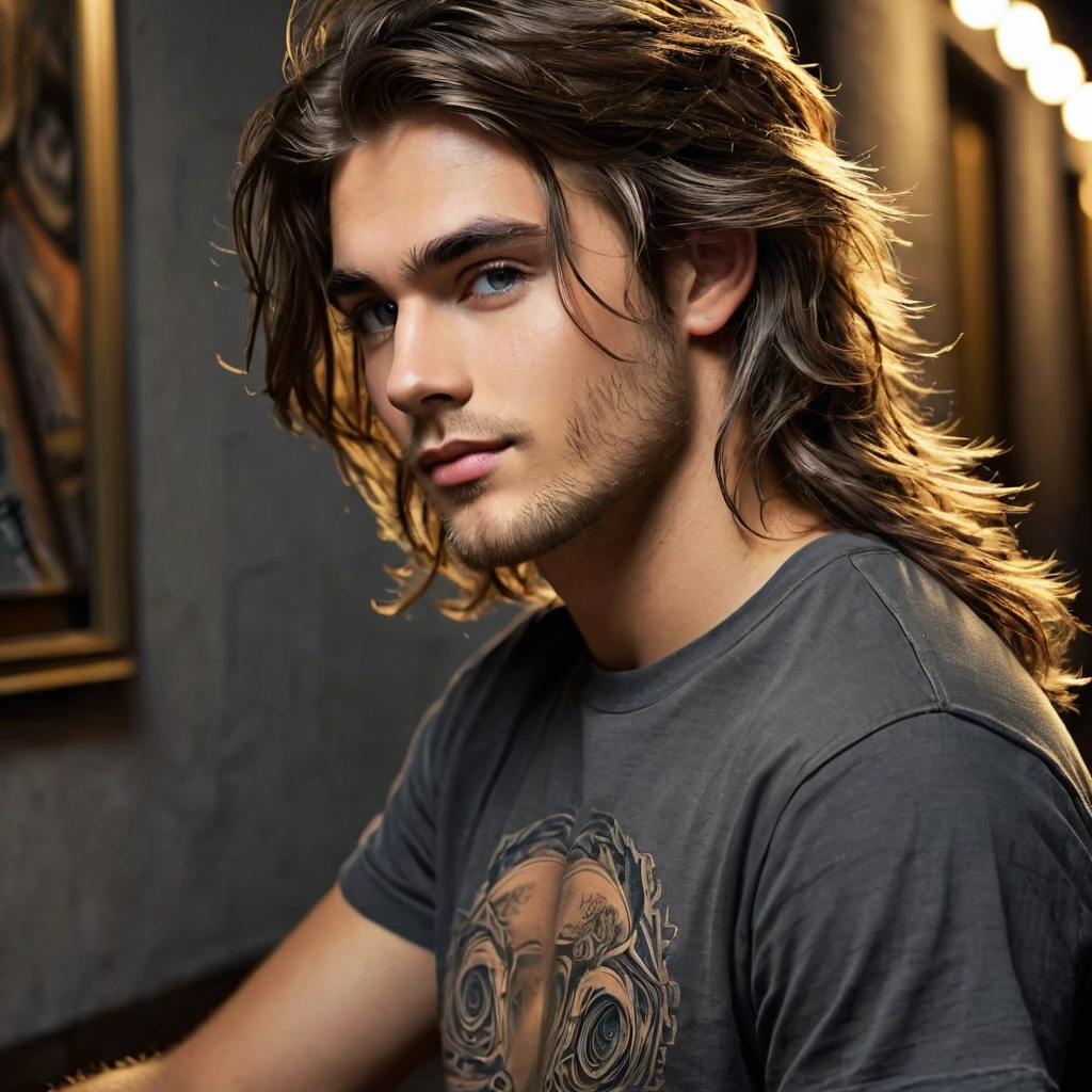 Dylan O'Connell
Idade: 27 years old Dylan is a man of striking beauty, with long, messy hair that gives him a mysterious air. His eyes are expressive and contain a mixture of melancholy and vivacity.. Your appearance, combined with a captivating smile, makes him an attractive figure to many. He usually dresses casually and elegantly, reflecting his love of music and art.
work of art, best qualityer, extremely detaild, hyper realist, photorrealistic, in the night:1.2, warm toned, warm toned, dark gray t-shirt:1.2, Profile, 18-years old, bonitas, eyeshadows, tatoo , Face ultra detailed:1.1, brow, long hair