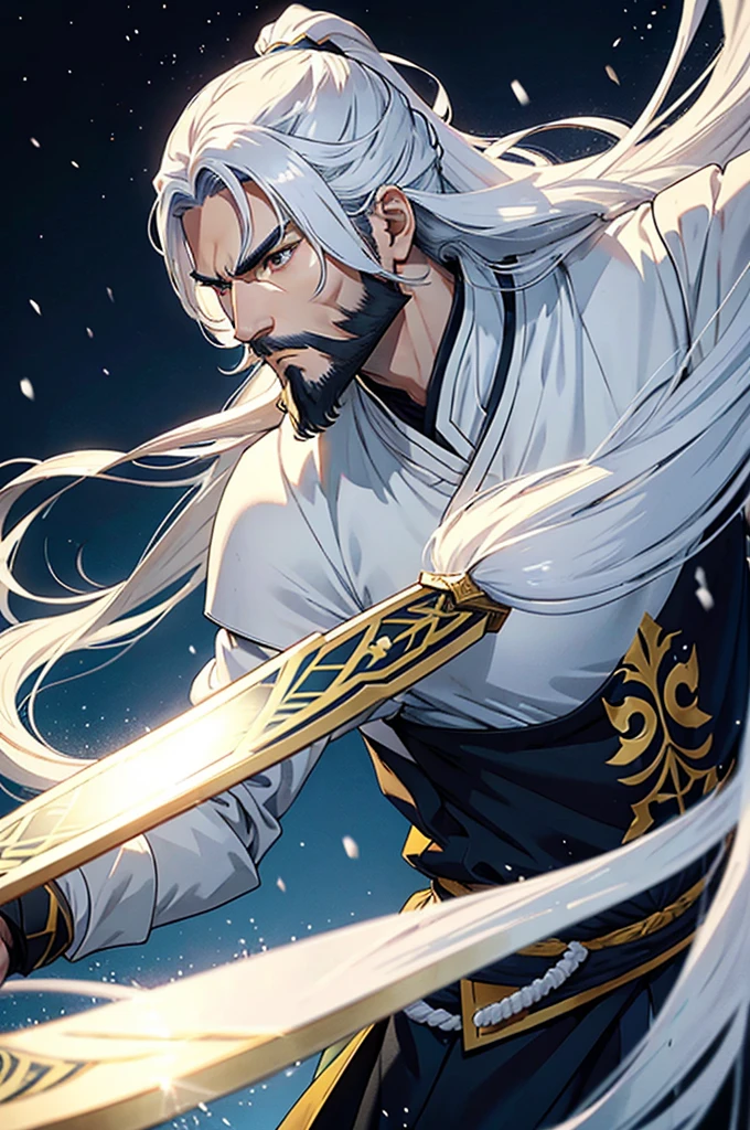 Make a man with hair as white as snow, bearded, Cao Cao, long hair tied up, eyes as yellow as honey. He has an air of seriousness, wears all-white light swordsman armor. Your skin tone is white.