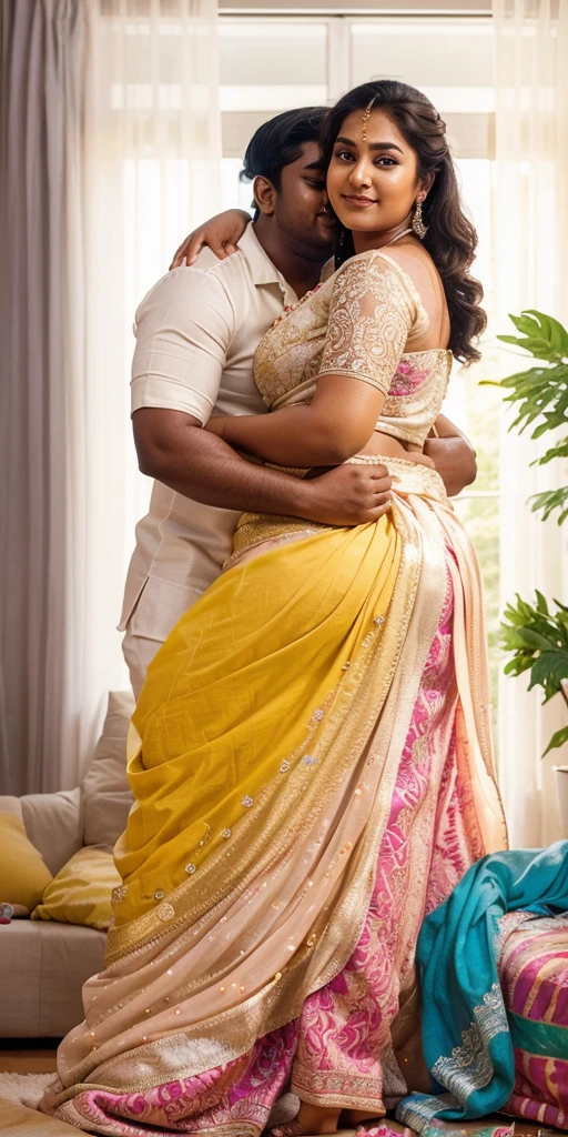 A radiant, full-figured South Indian 25 year old woman wearing a off white gown tenderly hugging a jubilant 25-year-old man while in living room, captured in a full-body image with vibrant hues and meticulous details. Belly button visible . Full body image