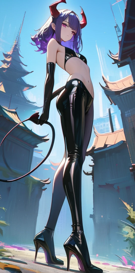 impasto, 1girl, demon anime girl, latex bikini, beautiful face, succubus, slim, ((skinny)), demon horns, demon tail, high heels, black latex gloves, standing, looking down, from bottom, looking at viewer, outdoors, masterpiece, best quality, very aesthetic, absurdres