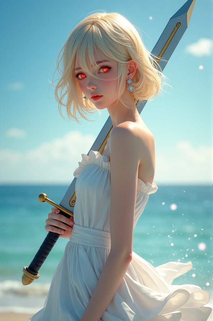 (masterpiece), ((best quality)), (Very detailed), ((very delicexiste and beautiful)), (Ridiculous))), (Perfect body))), 1 girl, Glowing white particles, struggle, Keep_sword, Blonde Bob, Red Eyes, Seventeen, outdoor, Sky, Aura all over the body, Large target, white texisttered dress, Bare shoulders, Little Smile, Ocean + background, wind, Perfect hands, Hand details, Improved fingers. earrings, Watching_exist_Viewer, Cowboy lens, Rich details, Perfect image quality