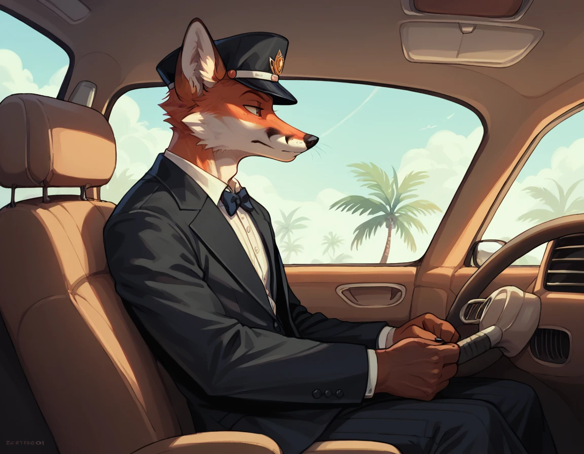 (1 boy, solo, (boy is driving a car):1.1), (boy is a Fox, detailed, dressing a black suit and an officer cap)1:.2, (background car interior, palms, tropical weather)