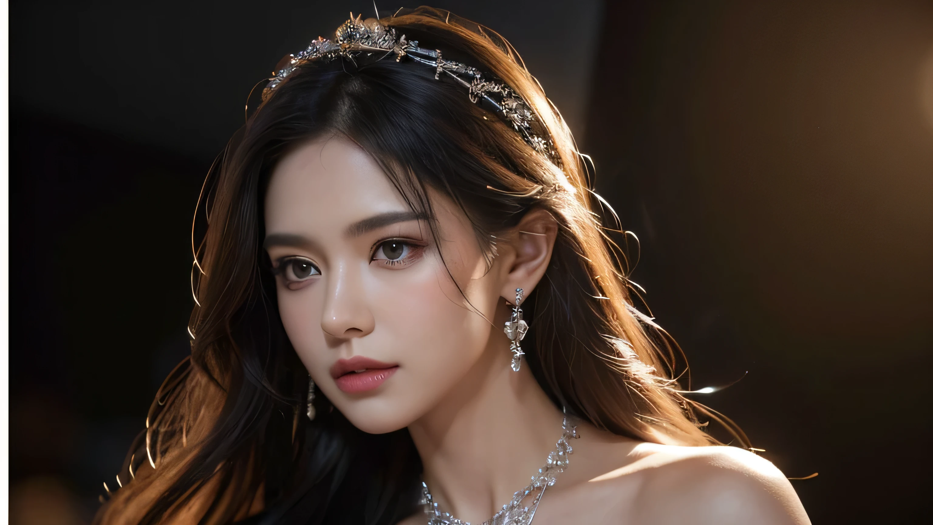 a beautiful woman with elaborate jewelry, including hair accessories, necklace, and gems, wearing a dark outfit in a moody studio setting with dramatic lighting, tilt-shift effect, and soft, volumetric lighting, detailed skin, high resolution, 8k, photo-realistic, portrait, medium breasts, open fingers, (best quality,4k,8k,highres,masterpiece:1.2),ultra-detailed,(realistic,photorealistic,photo-realistic:1.37),HDR,UHD,studio lighting,ultra-fine painting,sharp focus,physically-based rendering,extreme detail description,professional,vivid colors,bokeh