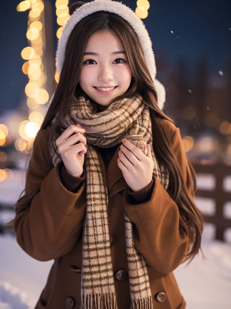 One girl, smile,chest, Long Hair, Brown Hair, snow,Long coat,Cocoa in one hand and a scarf,night