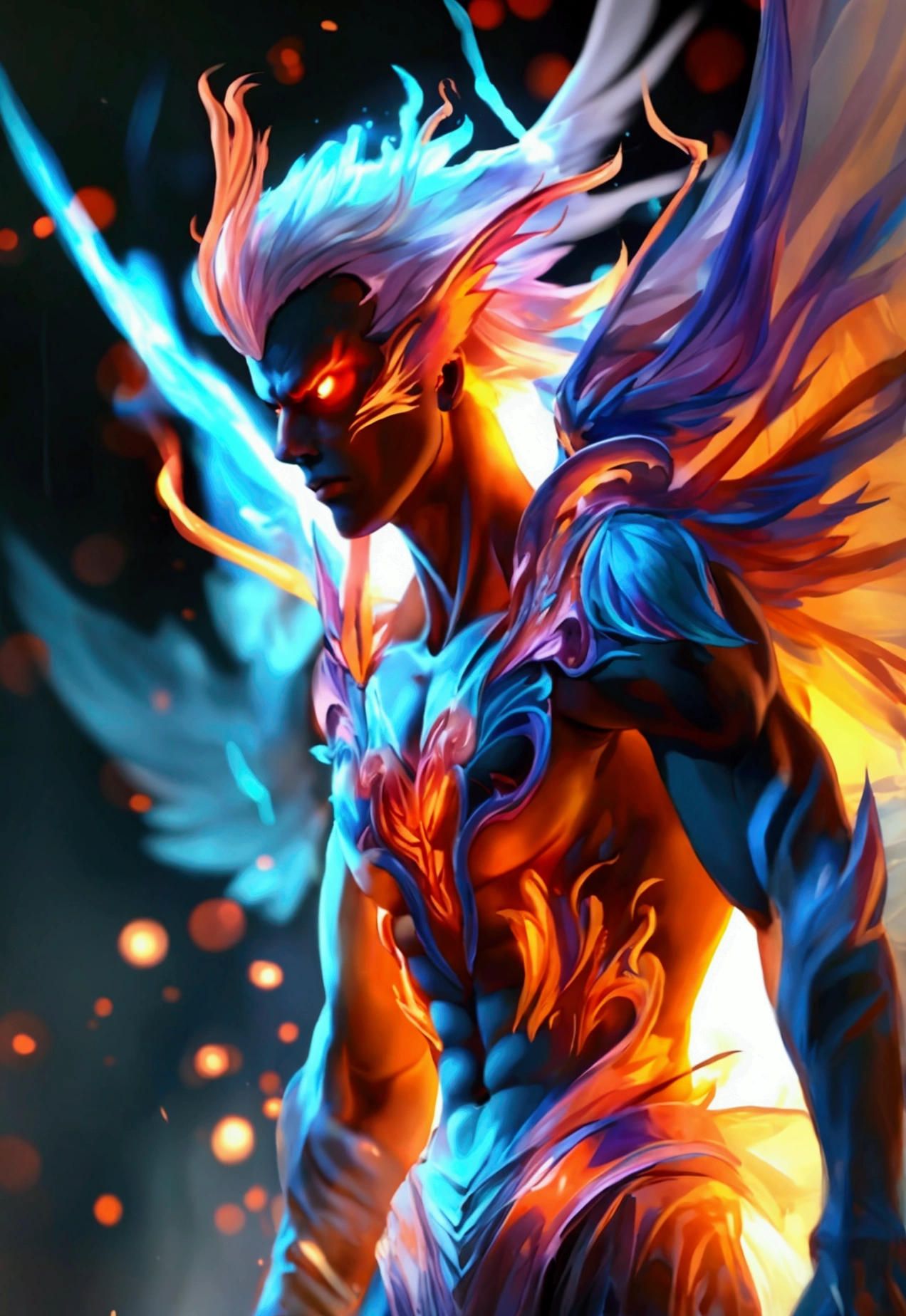 (mid_shot:1.3),(1 male:1.2),(muscle man:1.1),(frontal illumination:1.2) A sudden burst of energy ripples through the air as you transform, your body morphing into a towering, winged creature of the night. Your features become more angular and predatory, your eyes glowing with a fierce, vampiric intensity.