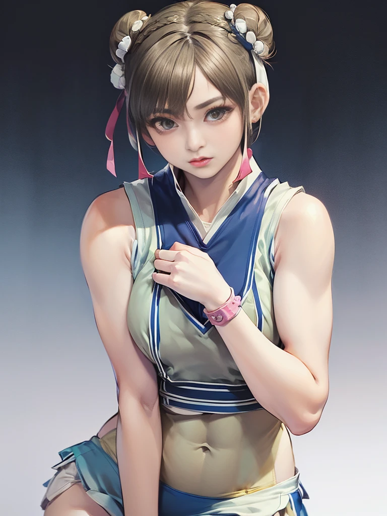 masterpiece、Highest quality、(Realistic:1.4)、(woman、Singlets:2)、(Very short hair、Hair Bun、hair accessory:1.9)、Chun-Li&#39;s Outfit、Street Fighter Chun-Li，(Thigh-mounted holster:1.4)、(Pitch black underground passage:1.4)、(Combat Stance、Spread your legs、Raise your legs:1.4)、(Sexy thighs:1.2)、(From below:1.4)