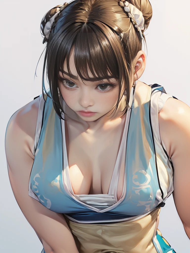 masterpiece、Highest quality、(Realistic:1.4)、(woman、Singlets:2)、(Very short hair、Hair Bun、hair accessory:1.9)、Chun-Li&#39;s Outfit、Street Fighter Chun-Li，(Thigh-mounted holster:1.4)、(Pitch black underground passage:1.4)、(Combat Stance、Spread your legs、Raise your legs:1.4)、(Sexy thighs:1.2)、(From below:1.4)