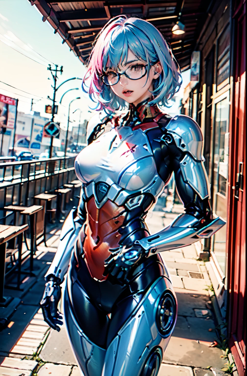 mecha, cowboy shot, glasses, ultra detailed, masterpiece, best quality, aesthetic, detailed, high quality, (photorealistic:1.4)