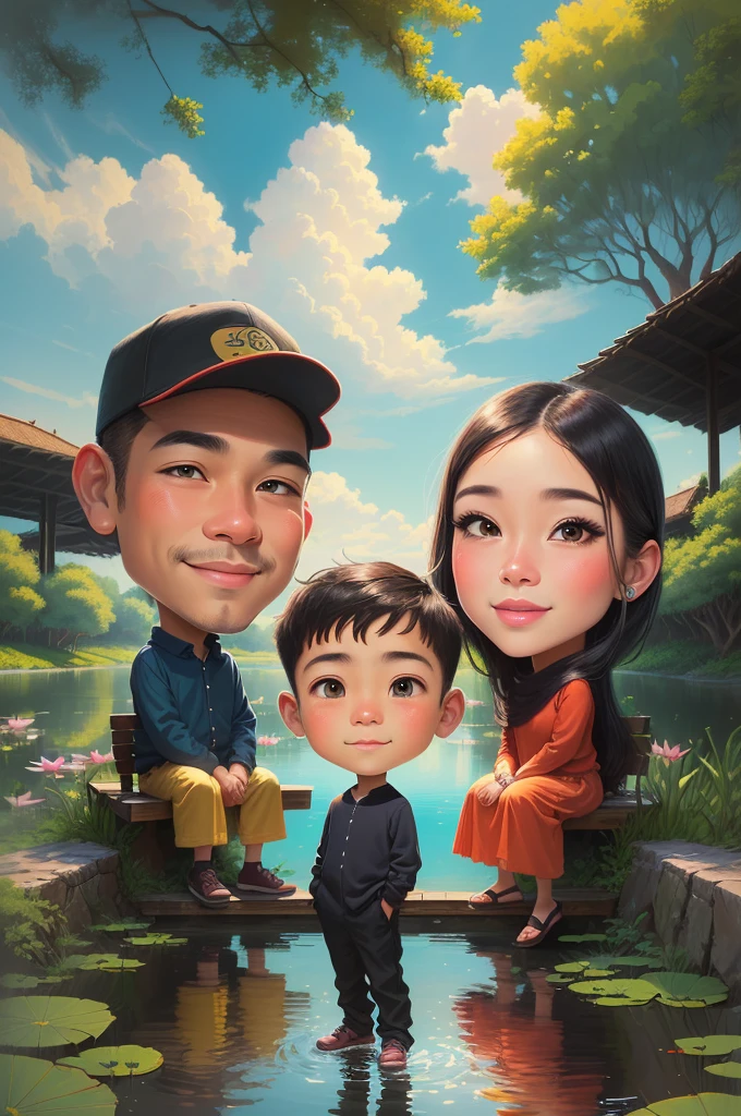 there are two people that are sitting on a bench, Father and mother, The boy stands in the middle, standing on the grassy ground, Beautiful clouds and sky, Lake background with lotus flowers growing in abundance in the water, an indonesian family portrait, caricature illustration, potrait, happy family, Indonesian family, cartoon art, full protrait, classic portrait, cartoon portrait, in cartoon style, digital art cartoon, cartoon digital art, traditional portrait, portrait of family of three, by Abidin Dino, caricature style