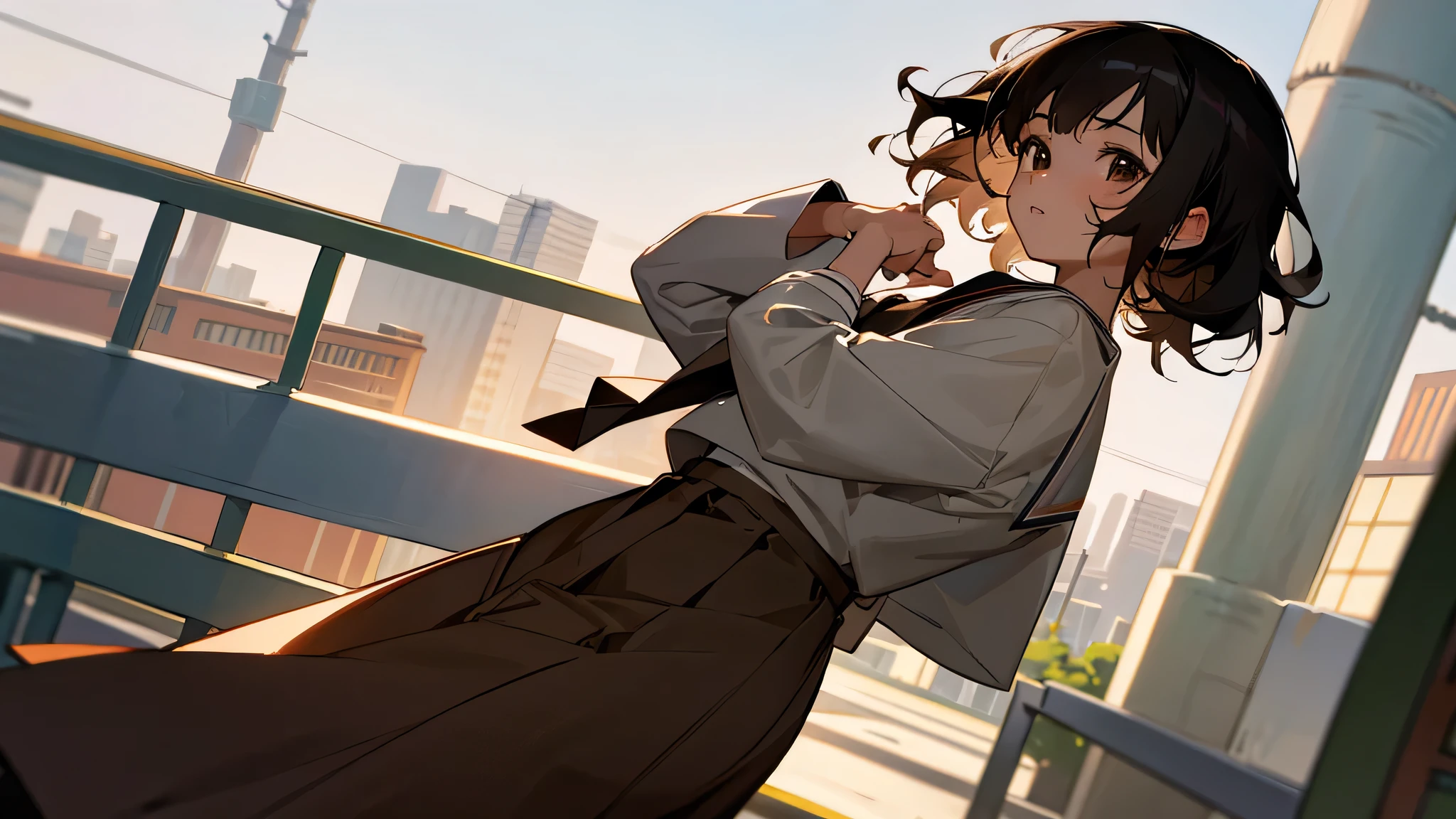 a white girl with short slightly curly black hair, brown eyes, and in a japanese school uniform in the downtown of a city