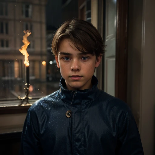 a beautiful boy, 12 years, rasgos Europeans muy finos, Brown hair, blue eyes, sad look, peaceful look, very sensible, very sad, ELEGANT DRESS, European, London, rain, Cold, winter, snow, Christmas, loneliness, melancholia, fire in the room, Chimney.