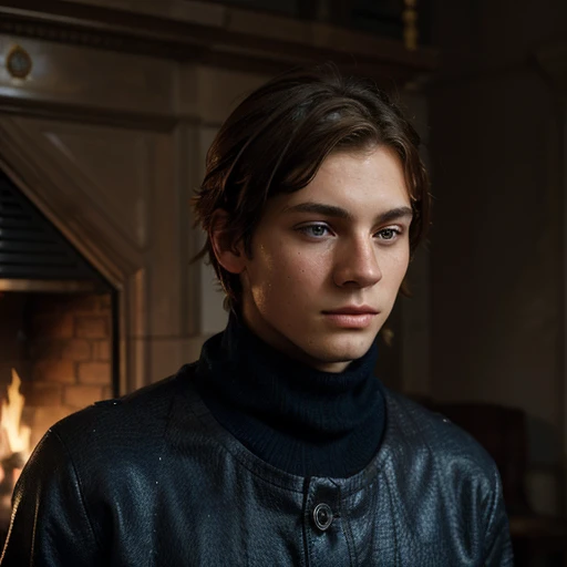 a beautiful boy, 12 years, rasgos Europeans muy finos, Brown hair, blue eyes, sad look, peaceful look, very sensible, very sad, ELEGANT DRESS, European, London, rain, Cold, winter, snow, Christmas, loneliness, melancholia, fire in the room, Chimney.