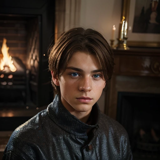 a beautiful boy, 12 years, rasgos Europeans muy finos, Brown hair, blue eyes, sad look, peaceful look, very sensible, very sad, ELEGANT DRESS, European, London, rain, Cold, winter, snow, Christmas, loneliness, melancholia, fire in the room, Chimney.