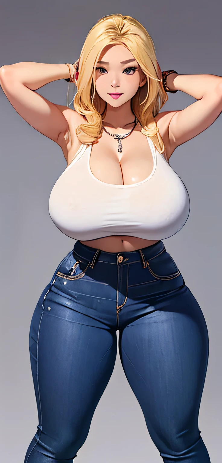 Best quality, high detailed, 8K quality, 4k resolution, Full body 20 years old chinese girl named anastasyakh, blonde hair, necklace, gorgeous face, massive breast, curvy body, wearing white sweeater, crop denim, massive breast and huge butt, playful expression, pose with both hands