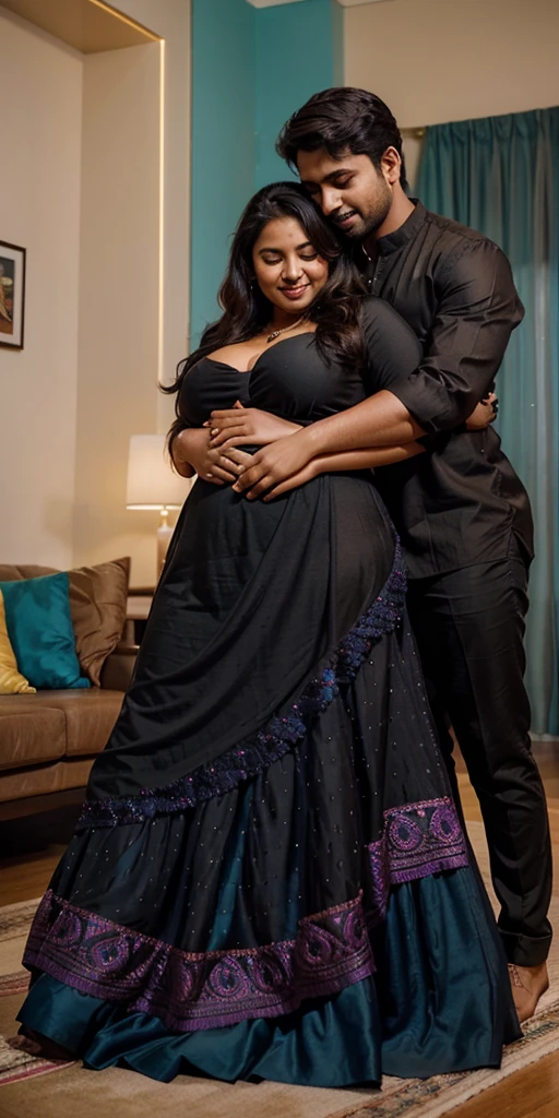 A radiant, full-figured South Indian 25 year old woman wearing a black  gown tenderly hugging  a jubilant 25-year-old man while in living room, captured in a full-body image with vibrant hues and meticulous details. Belly button visible . Full body image