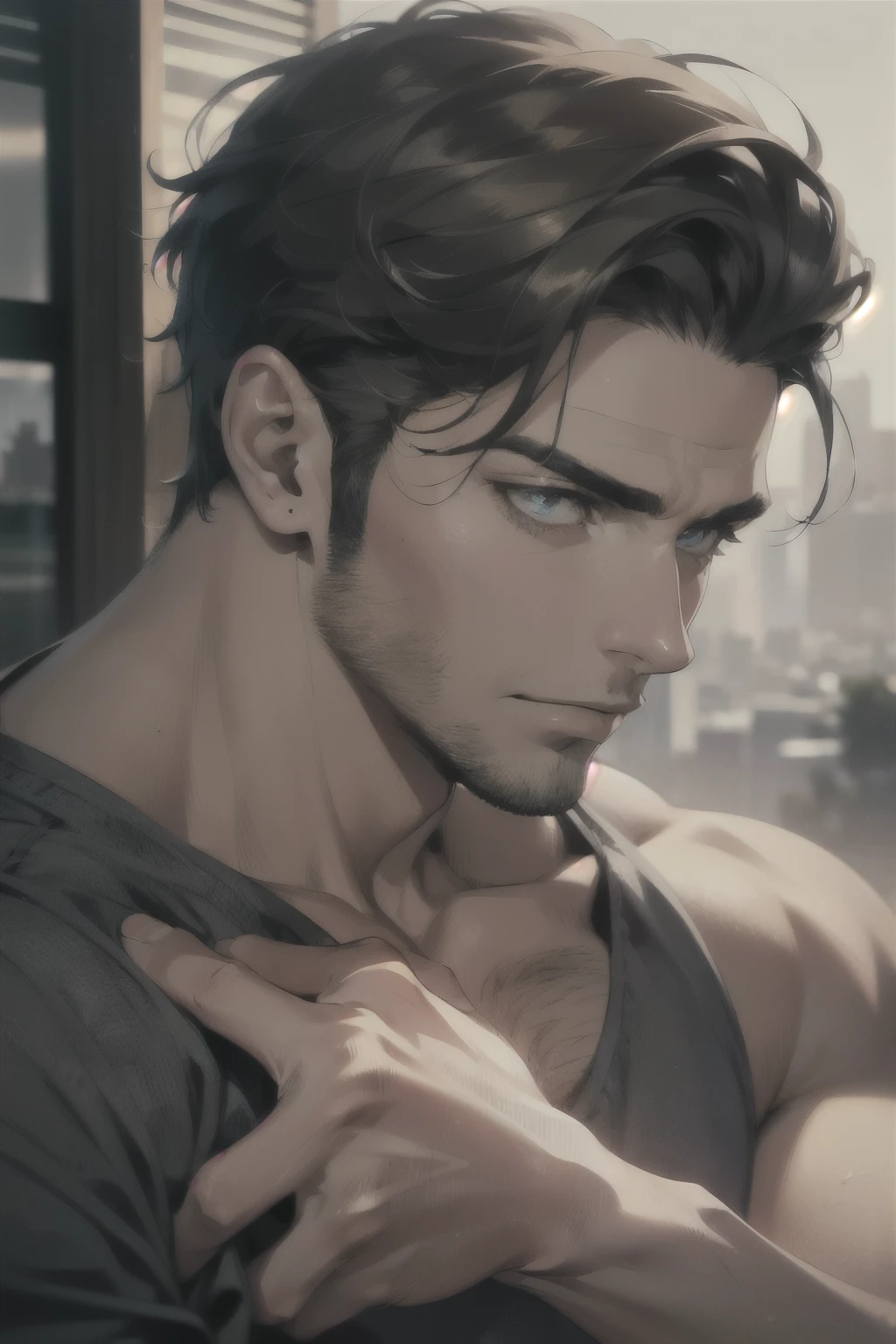 (Best Quality,4k,8k,High resolution,masterpiece:1.2),ultra detailed,(realist,photorealist,photo-realist:1.37),1 man,31 years,mature man,very handsome,muscular,without expresion,barba,short gray black hair,blue eyes,glare,perfect face without mistakes,imposing posture,cinematic lighting,imagen hdr