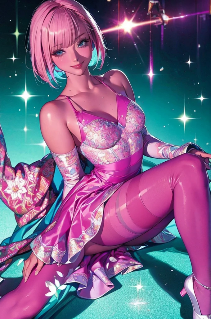 image quality:Highest Quality
Camera Focus: Blur the background
light:sidelight
person:20-year-old female,Gal model 、
Bright light、
Hairstyle: Short Bob、With bangs
dress:Gal、Hysterical glamour expression: The best smile、
Thin and delicate、Small bust、From head to toe、
Slim and beautiful legs、Thin thighs、pantyhose、pumps、
flowerpunk、Sparkling light particles、
Vivid gradient effect