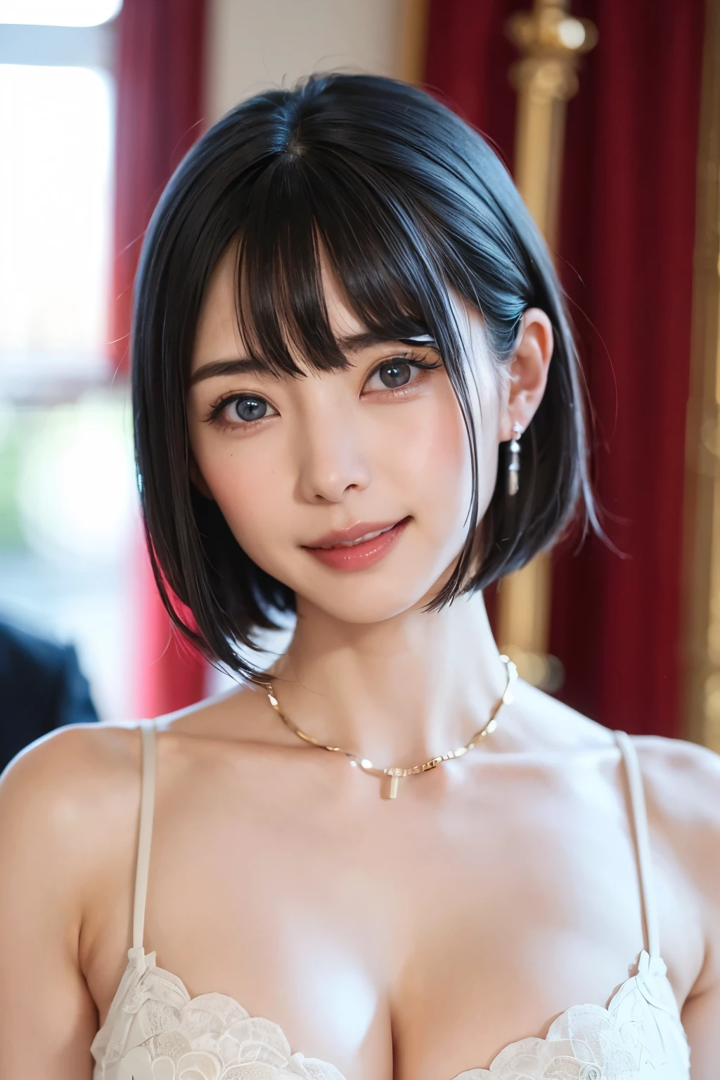 (Tabletop, Highest quality、Very attractive adult beauty、Add strong highlights to the eyes、Look closely at the camera:1.4、A beautiful woman with mature charm、Ideal body type、Perfect Anatomy、Short brunette bob、Shiny Hair、Lip gloss),One Girl, alone, 明るい茶色のShiny Hair, scarf,Realistic, Looking at the audience、Please tilt your head a little, Bright colored crystal light blue eyes, 短いShiny Hair、 chestの中央に穴が開いた白いタートルネックの服,chestの真ん中に丸い穴が開いたセクシーな白いタートルネックのニットセーター、 lips, Lip gloss，prohibit, Upper Body、Big eyes、eyelash、Face is a little red、Embarrassing)、((Italian road system in winter))、((Short hair with bangs、Big eyes、Give students a very strong highlight、{Huge|big|Hugeな|Mega} chest:1.4、very bigger chest、Gazing at the audience、Very beautiful beauty、Listen carefully、Long neck、Laugh a little、Beautiful Teeth、Laughing with your mouth open、Heart-shaped pupils))、28 years old、Very cute supermodel、