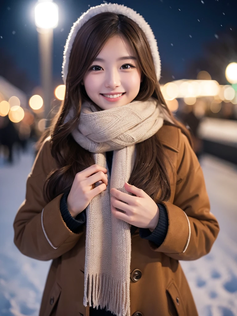 One girl, smile,chest, Long Hair, Brown Hair, snow,Long coat,Scarf,night,Illumination High Resolution,