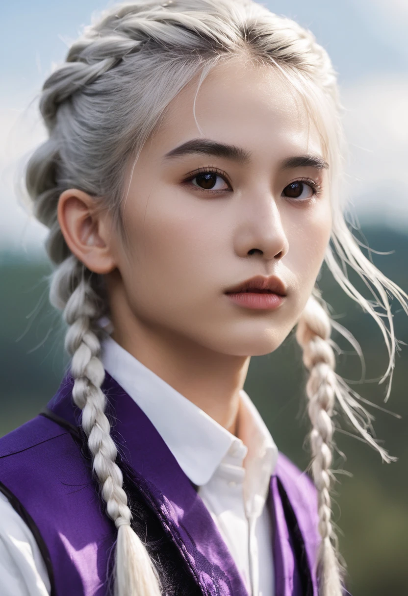 Slender and thin young man of 18 years, brownish skin, long white hair tied up in ONE braid, violet eyes and straight dark eyebrows, sharp features, gloomy expression. In the style of a Targaryen