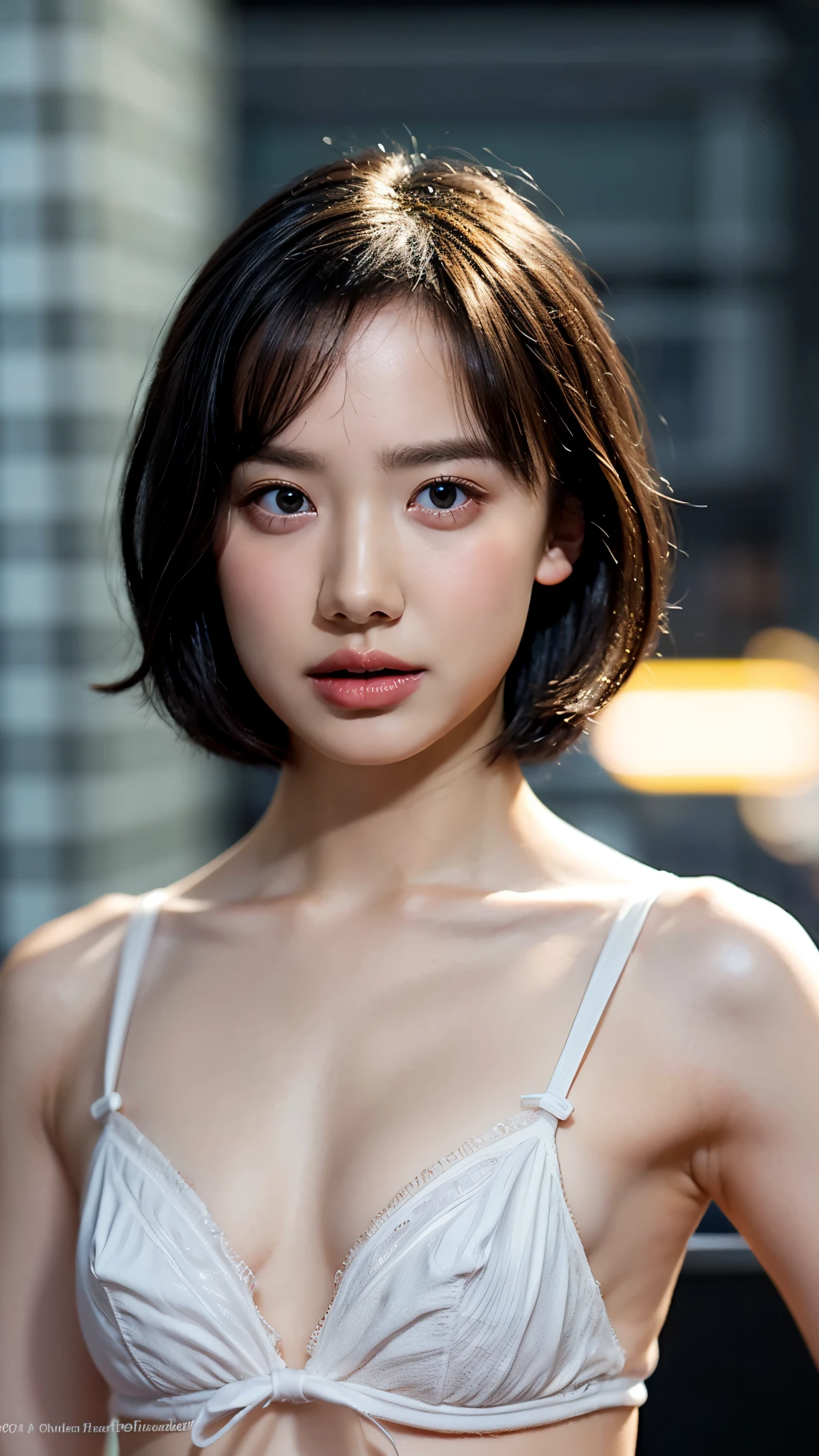 (1 girl, Girls, Small breasts, Short Bob Hair, White bra, panties), Fair-skinned, Glossy Lips, skinny, Body Type, Delicate and sexy collarbone, Highest quality, RAW Photos, Realistic, face, Incredibly beautiful girl, cute, Depth of the written border, High resolution, 超detailed, detailed, Very detailed, extremely detailed eye and face, Sharp pupils, Sharp focus, Cinema Lighting