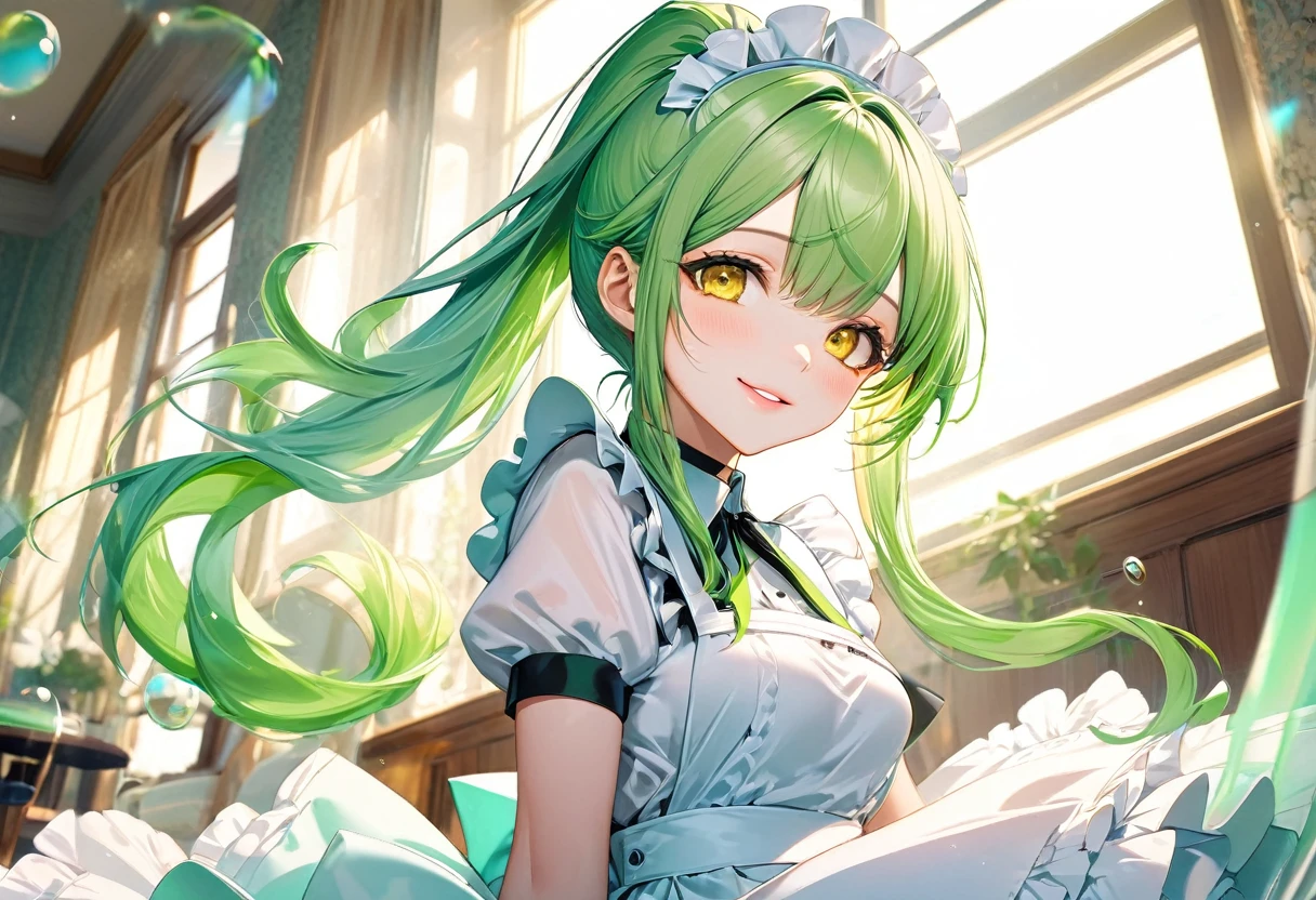 (Pastel color art style) (double exposure pastel color), (solo:2, 15 yo) (beautiful ponytail) (beautiful pastel green hair long hair) (fighter cute girl) (detailed cute yellow eyes) (best smile, glossy lip) (medium tits), in a pastel summer maid clothes with double exposure many green glow, break, in the Lounge, BREAK, perfect anatomy, masterpiece, best quality, 16k, beautiful detailed grow, daydreaming expression.