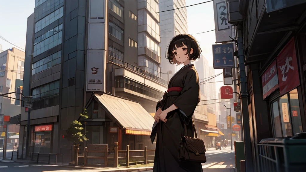 a white girl with short slightly curly black hair, brown eyes, and in a dress in the downtown of a japanese city