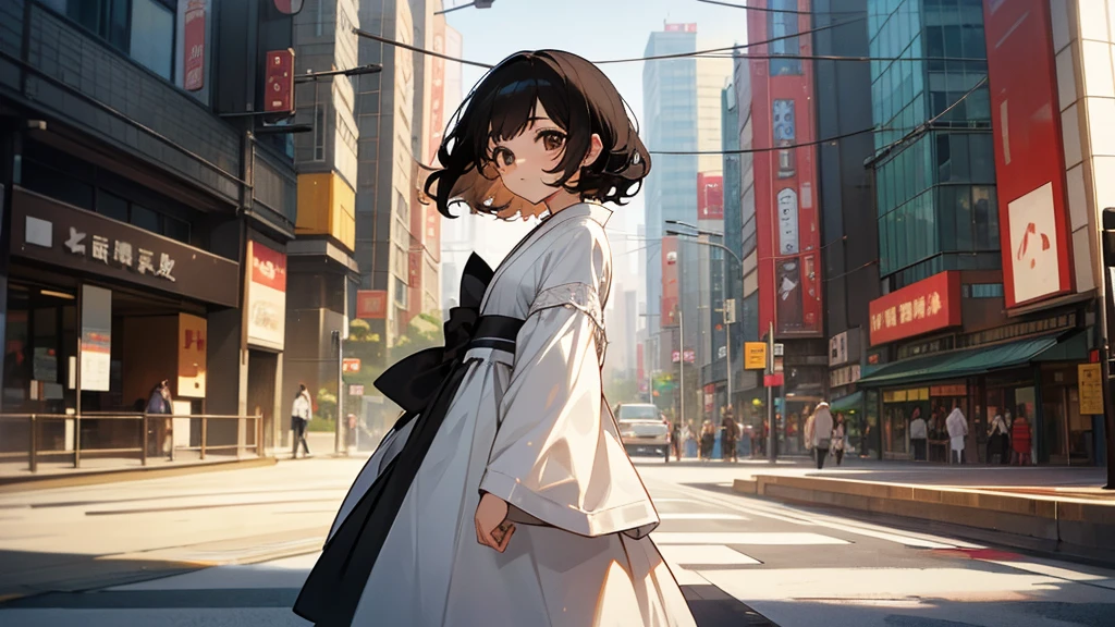 a white girl with short slightly curly black hair, brown eyes, and in a dress in the downtown of a japanese city