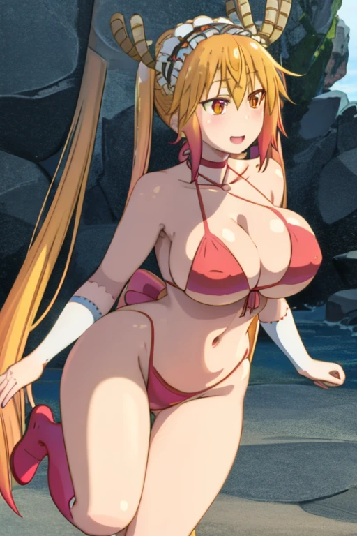 masterpiece, best quality, beautiful art, high resolution, well formed hands, body and fingers, 1 woman, solo, Tohru , 31 years old, full body picture, grown up, adult, large and rounded breasted, cleavage, hair ornament, wearing a Tyris Flare outfit , white_bikini, full body, sexy and skimpy bikini, gorgeous hips, legs and thighs bouncing breasts, red boots, dancing seductively and erotically, turning backwards and forwards, bikini thong, shaking her body alluringly, smiling joyfully, looking at the viewer, sweating , flirting, beach environment