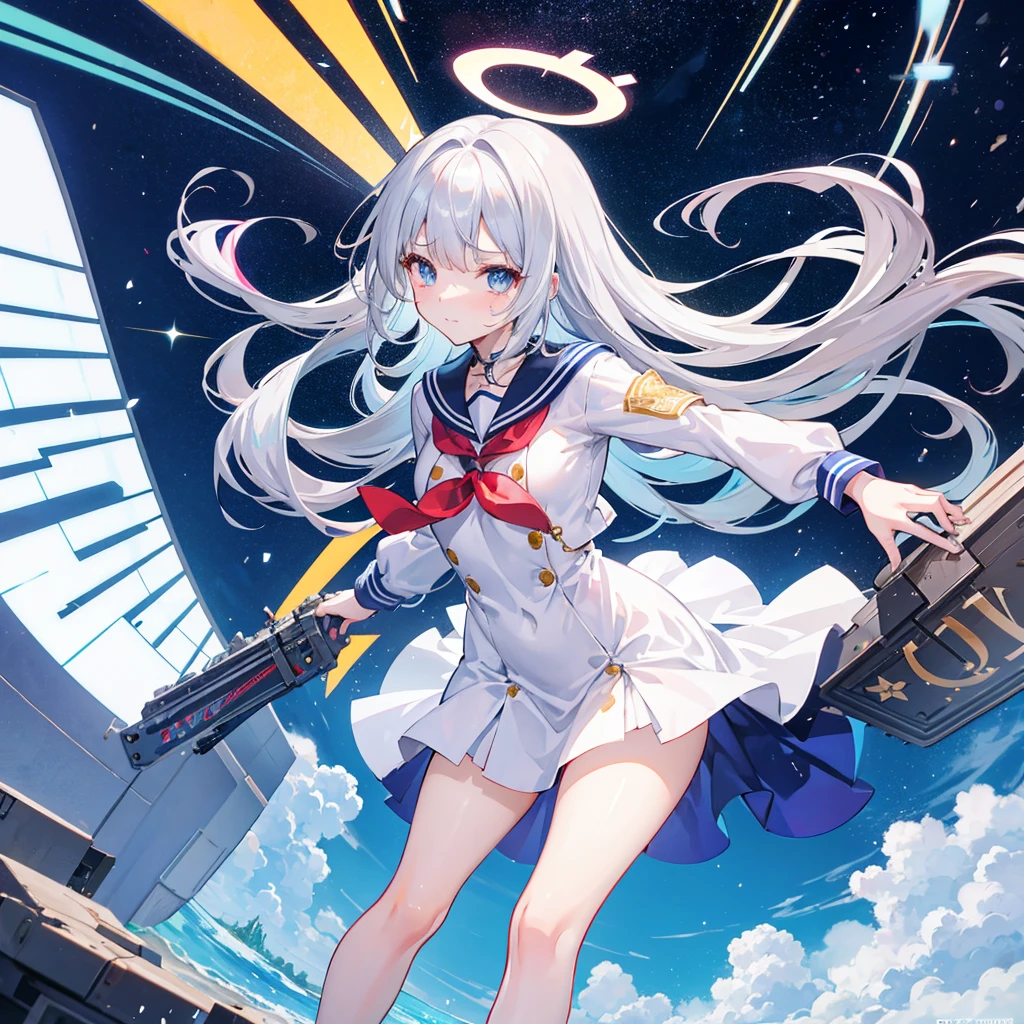A high school girl with long hair and a sailor suit holding a Telecaster, Highlight color hairstyle, Asymmetrical bangs, tears, happiness/joy, Feet out of frame, Poster Fujifilm, Lens flare, Illustration, Gray Hair, Back view, Above the kneesBlue eyes, Angel Halo, High resolution, Alphonse Mucha, View landscape, Chest girth, Hasselblad, evil, Devil&#39;s Eye, Hollow Eyes, 