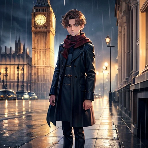 a beautiful boy, 12 years, rasgos Europeans muy finos, Brown hair, blue eyes, sad look, peaceful look, very sensible, very sad, ELEGANT DRESS, European, London, rain, Cold, winter, snow, Christmas, loneliness, melancholia, fire in the room, Chimney.