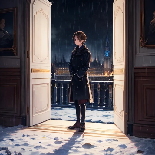 a beautiful boy, 12 years, rasgos Europeans muy finos, Brown hair, blue eyes, sad look, peaceful look, very sensible, very sad, ELEGANT DRESS, European, London, rain, Cold, winter, snow, Christmas, loneliness, melancholia, fire in the room, Chimney.