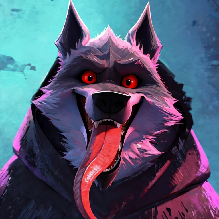 Death (Puss in Boots: The Last Wish), DreamWorks Animation, 2D, Looking at viewer, Open Mouth, Tongue Out, Long Tongue, Wide-Eyed, Wolf Ears, Anatomically Correct, Seductive Smile, Raised Eyebrow, Oral Invitation, Simple background, Character Design, Illustration, High Resolution, Super Detailed, Textured Skin, Single Shot, Full Shot