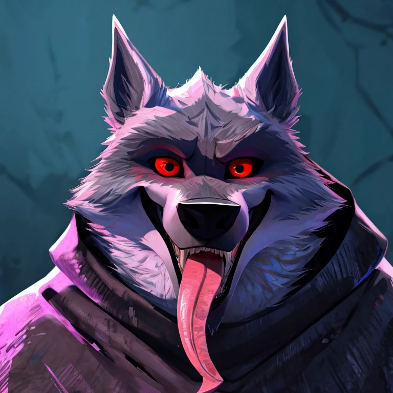 Death (Puss in Boots: The Last Wish), DreamWorks Animation, 2D, Looking at viewer, Open Mouth, Tongue Out, Long Tongue, Wide-Eyed, Wolf Ears, Anatomically Correct, Seductive Smile, Raised Eyebrow, Oral Invitation, Simple background, Character Design, Illustration, High Resolution, Super Detailed, Textured Skin, Single Shot, Full Shot